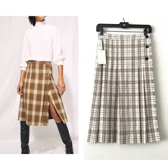 Aritzia Plaid Midi Skirt in Brown and Cream - Picture 1 of 9